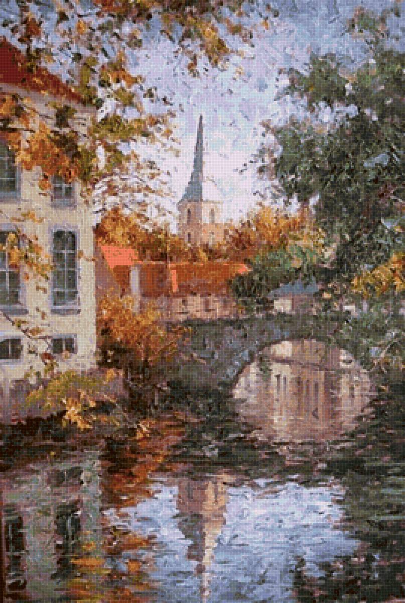 Мост - вода, город, река, пейзаж, дома, мост, живопись - предпросмотр