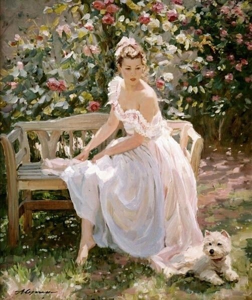Девушка на скамье - розы, природа, живопись, собачка, девушка, сад - оригинал
