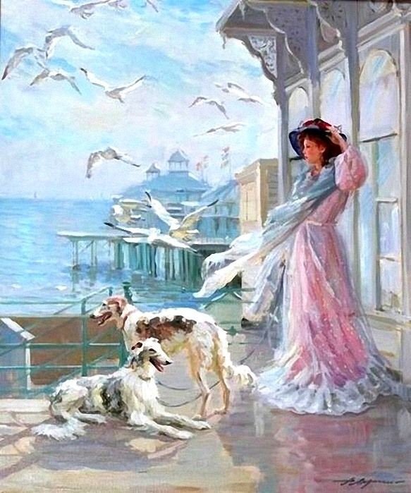 На причале - здание, девушка, природа, живопись, небо, собаки, чайки, море - оригинал