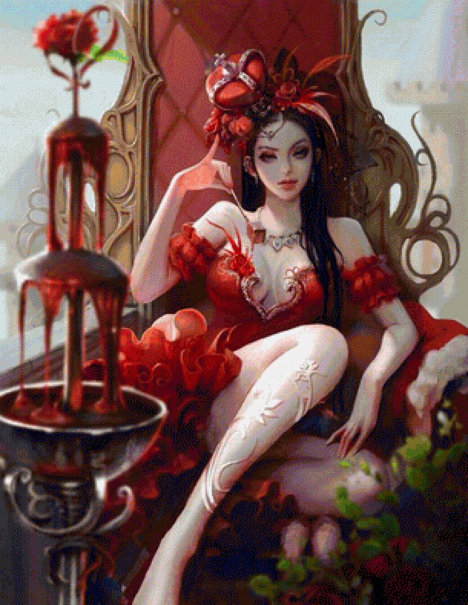 Нимфа - фантастика, природа, портрет, фэнтези, девушка, красное платье - предпросмотр