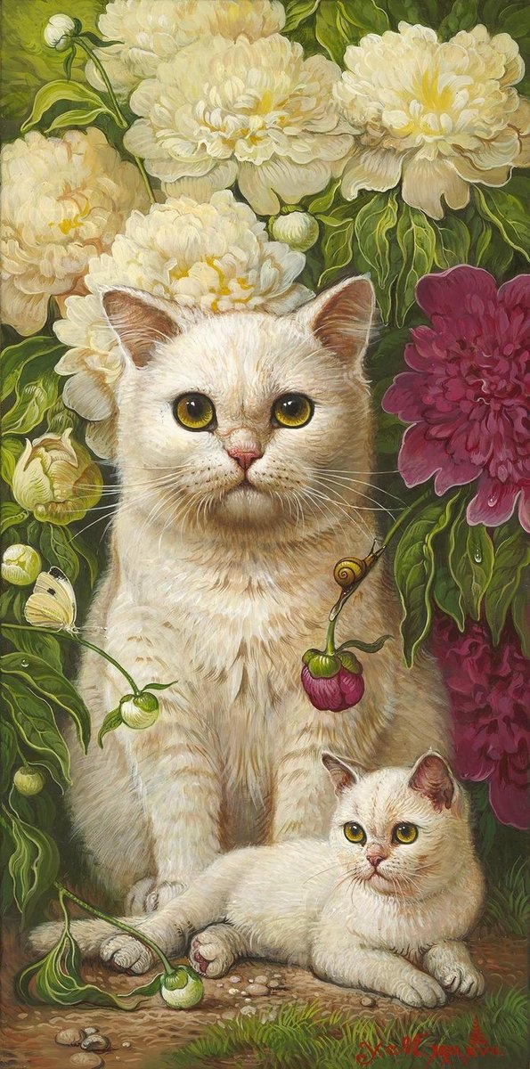 Кошка с котенком - кошка, котенок, цветы - оригинал