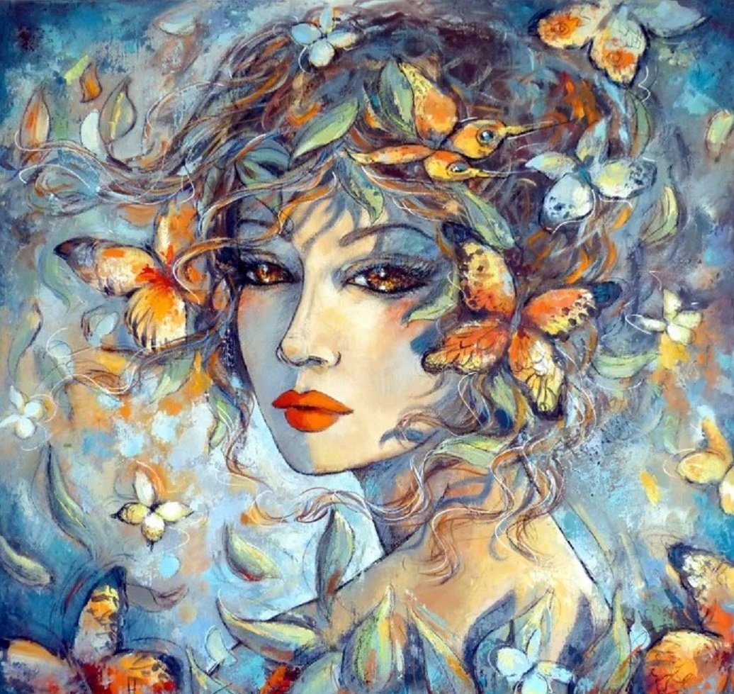 №2223366 - девушка, женщина, живопись, портрет, бабочки - оригинал