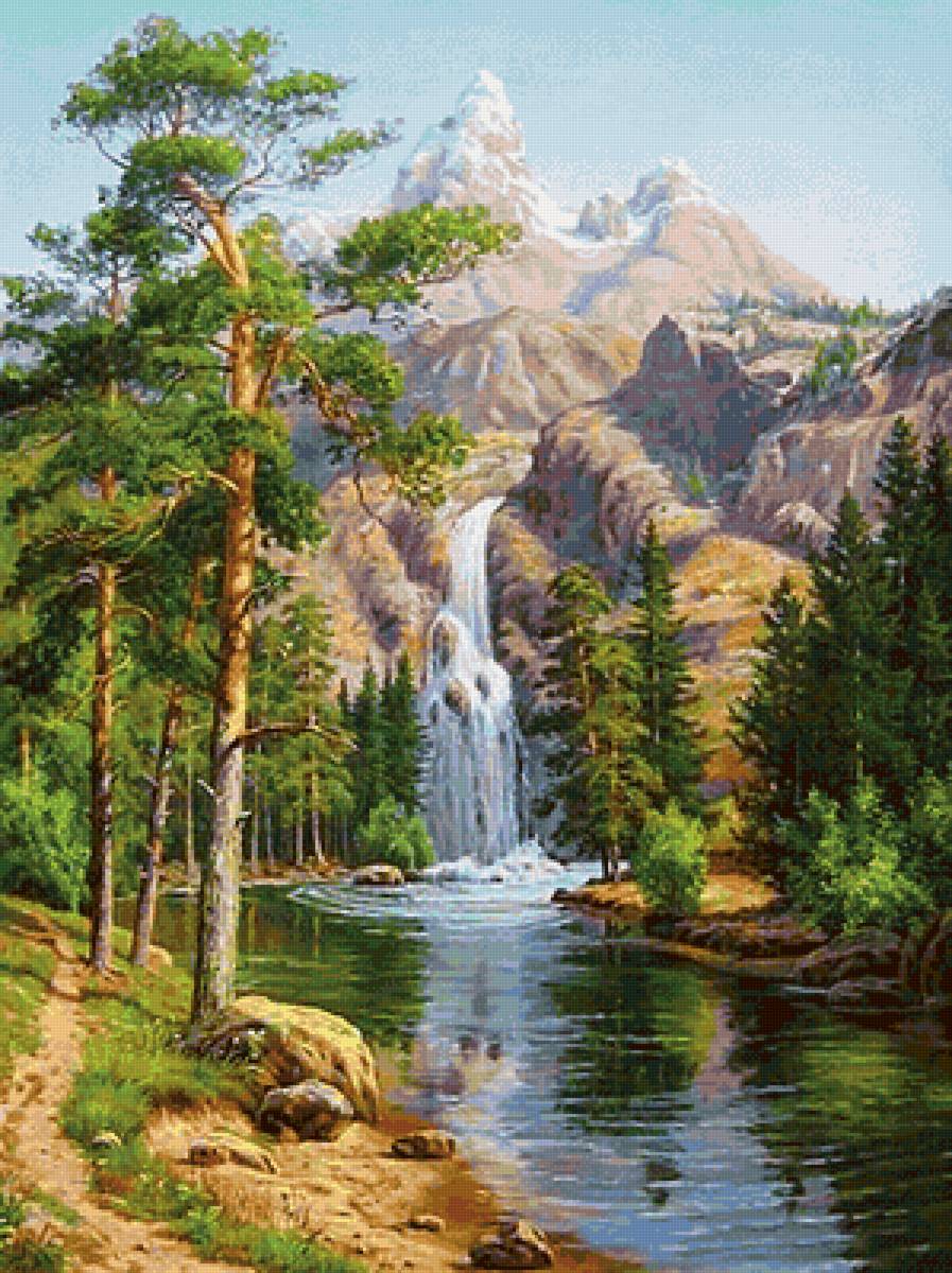 Водопад - водопад, лес, вода, горы, деревья, пейзаж, природа - предпросмотр