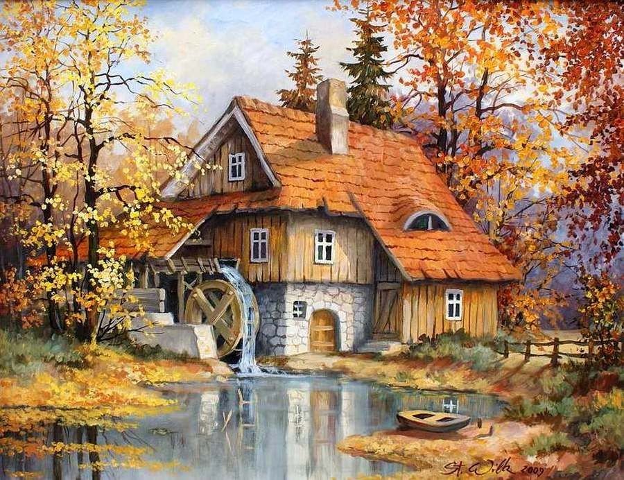 Осенний пейзаж - осень, пейзаж, деревья, мельница, домик, вода - оригинал