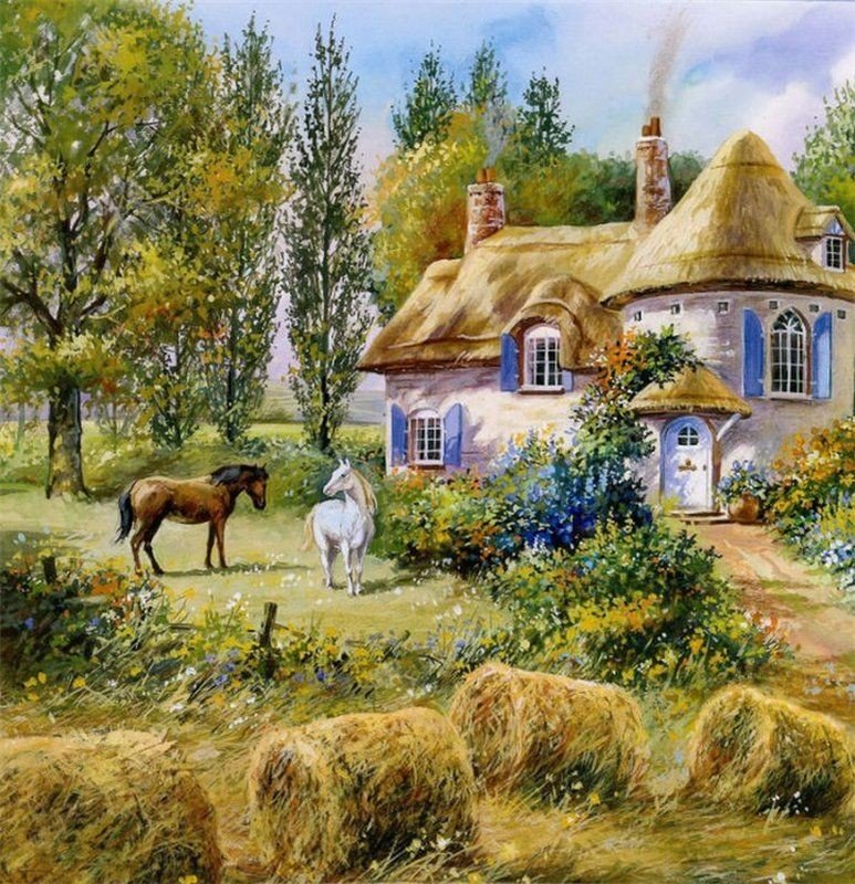 Загородный пейзаж - лошади, деревня, домик, природа, пейзаж - оригинал
