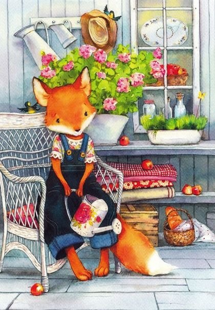 Лисичка садовод - открытка, иллюстрация, лисичка - оригинал