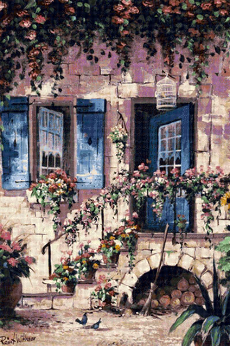 Лето - лестница, лето, цветы, дом, живопись - предпросмотр