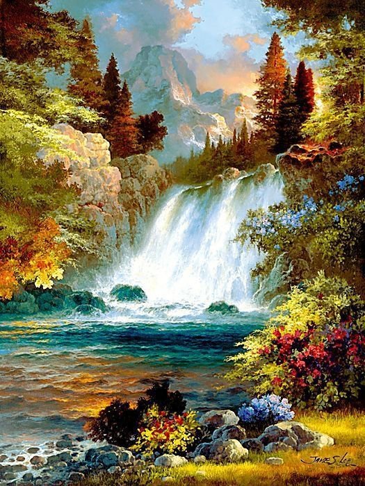 Водопад - лес, природа, водопад, пейзаж, вода, живопись - оригинал