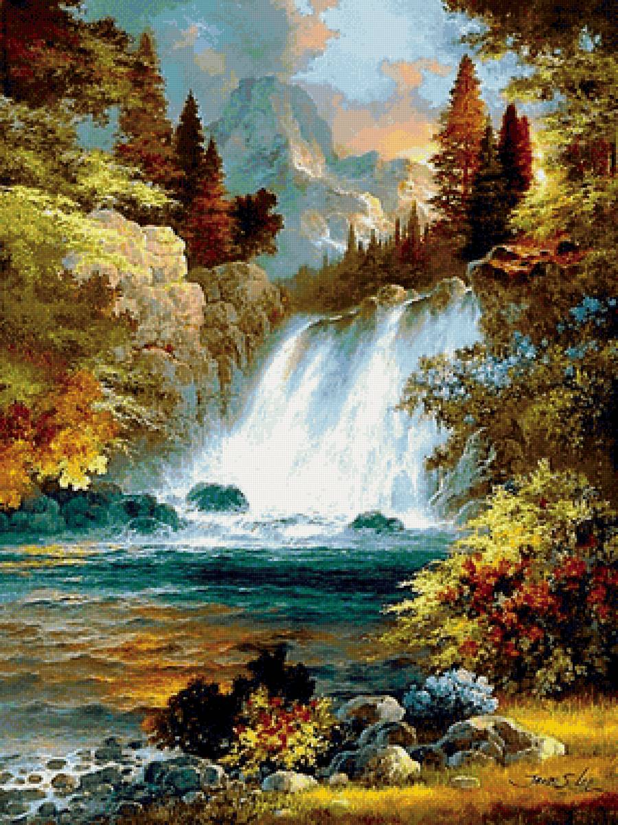Водопад - лес, вода, живопись, водопад, природа, пейзаж - предпросмотр