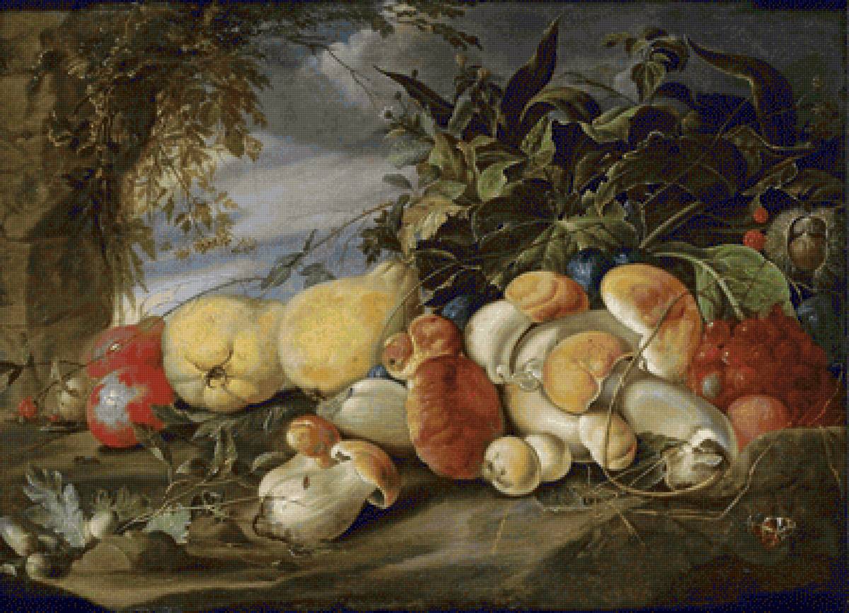 ЯН ДАВИС ДЕ ХЕМ. НАТЮРМОРТ С ГРИБАМИ И ФРУКТАМИ В ПЕЙЗАЖЕ - фрукты, натюрморт - предпросмотр