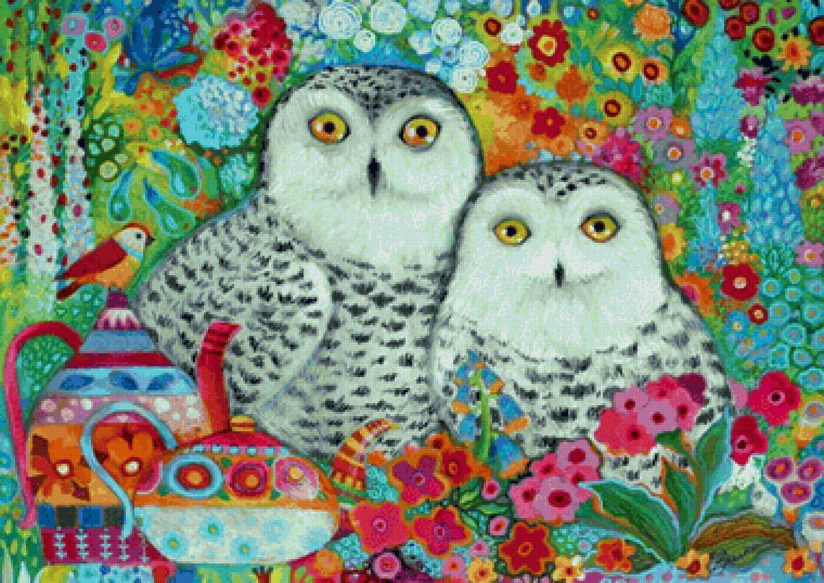 Casal de corujas. - ilustração, pintura .pássaros. - предпросмотр