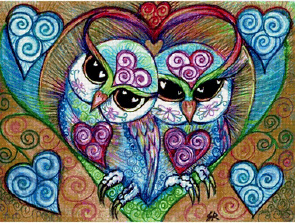 Corujas em forma de coração. - corujas, coração, ilustração. - предпросмотр