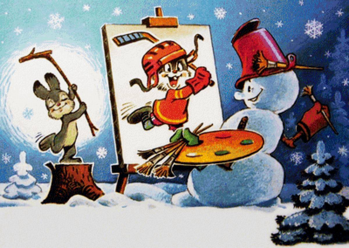 Художник - художник, новый год, заяц, открытка, снеговик - предпросмотр