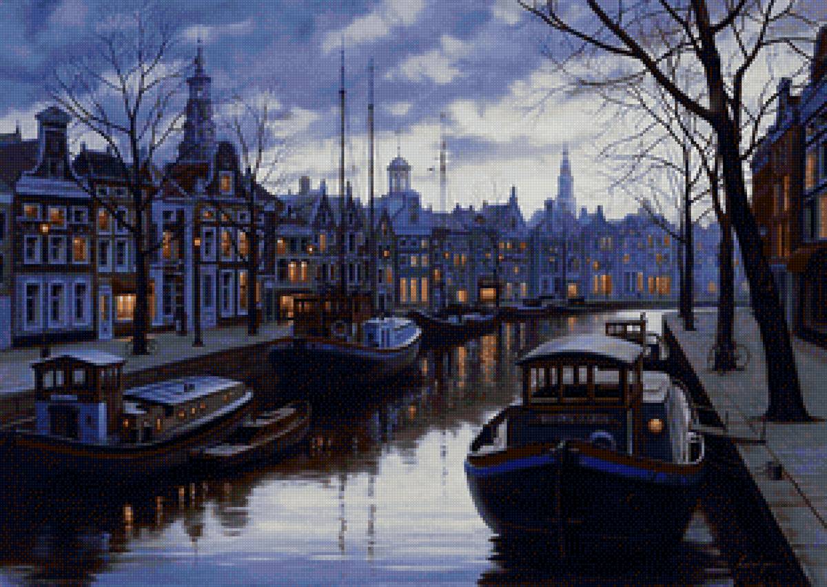 Вечерний Амстердам - пейзаж, вечер, голландия, амстердам, канал, лодки, город, ночь - предпросмотр