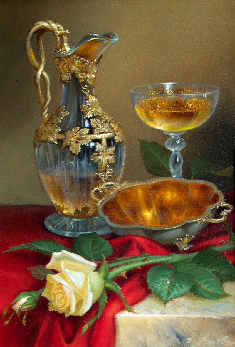 ДМИТРИЙ ВЛАСОВ. НАТЮРМОРТ С АНТИЧНЫМ КУВШИНОМ И РОЗОЙ - натюрморт - оригинал