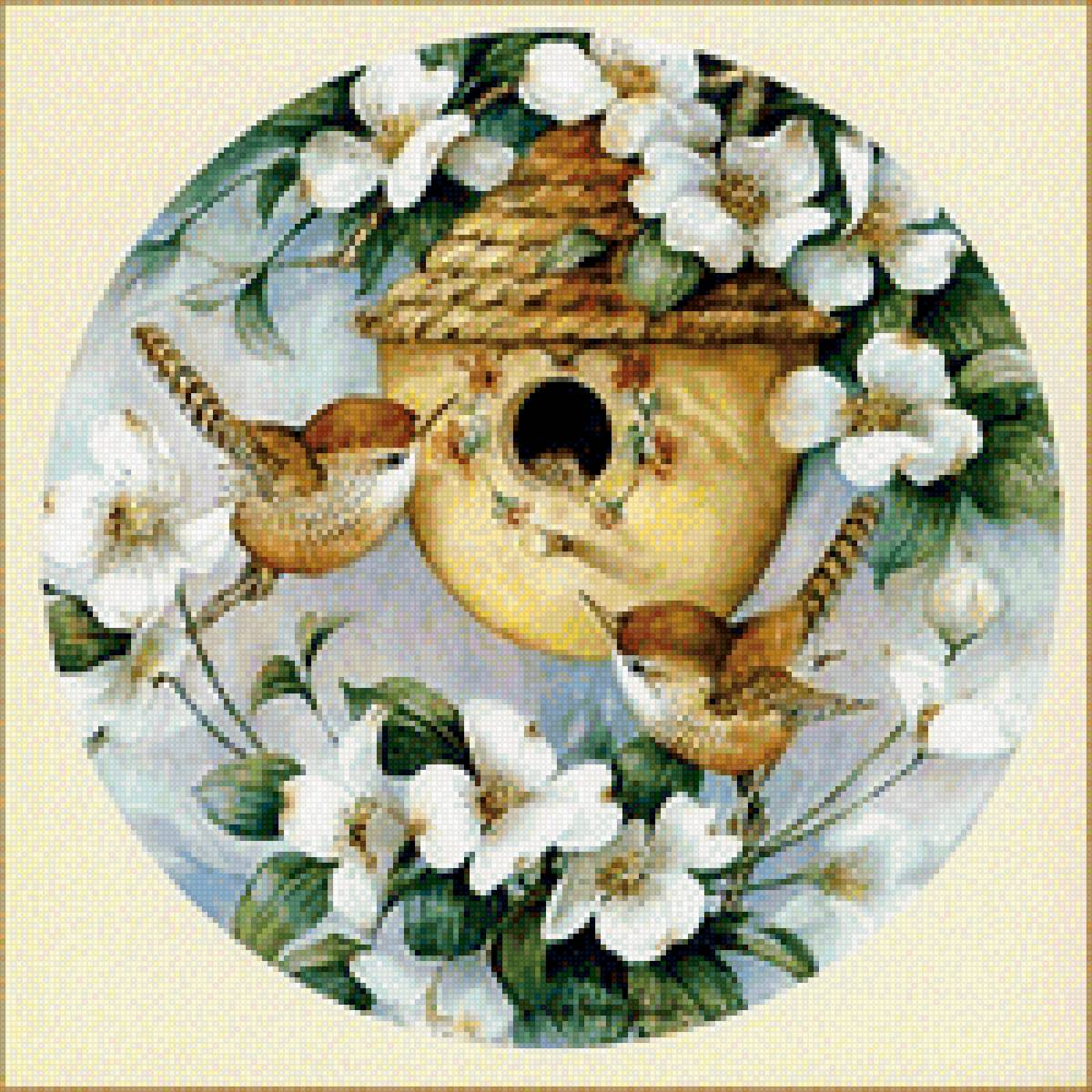 Птички у гнезда - птицы, цветы, гнездо - предпросмотр