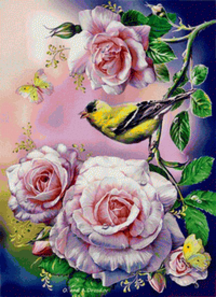 Птичка на розочке - птица, цветы - предпросмотр
