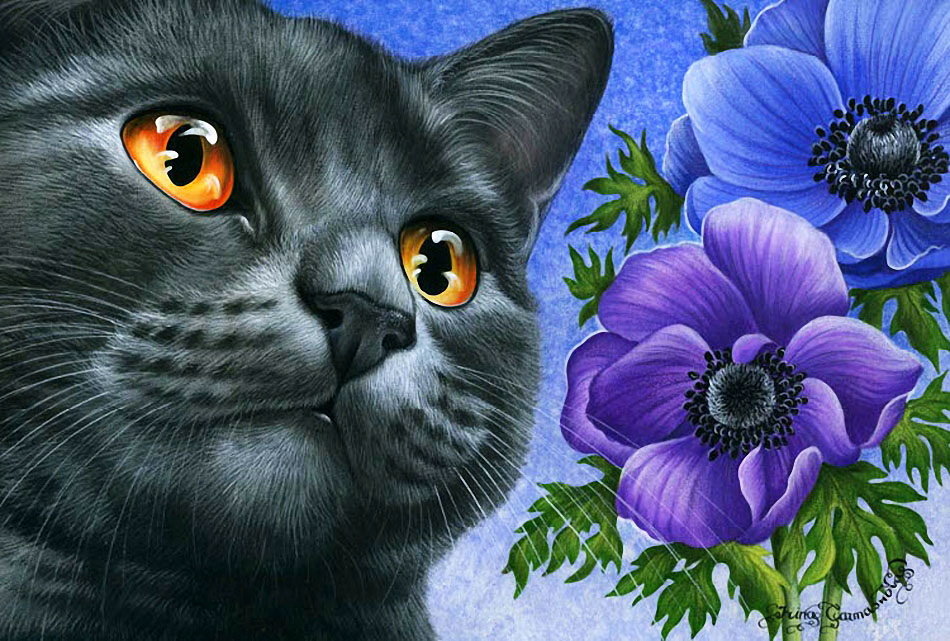 Кот и цветы - картина, цветы, кошка - оригинал