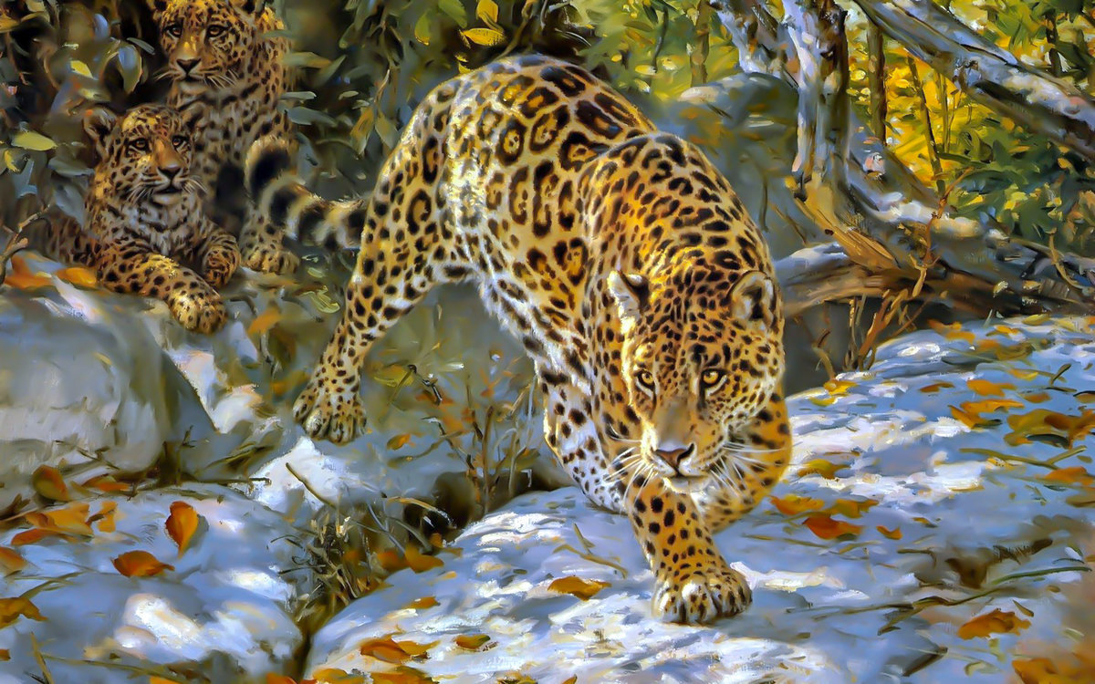 леопард с котятами - звери, осень, котята, природа, хищник, лес, леопард, дикие кошки - оригинал