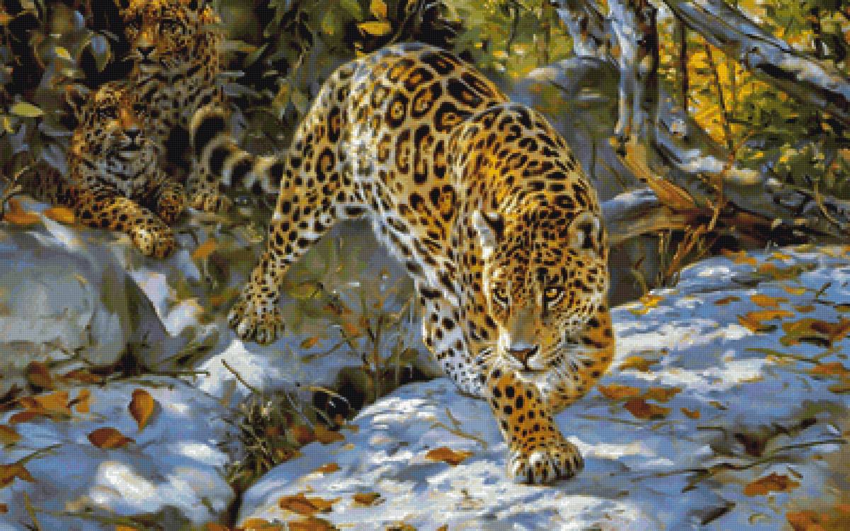 леопард с котятами - осень, лес, природа, хищник, дикие кошки, леопард, котята, звери - предпросмотр