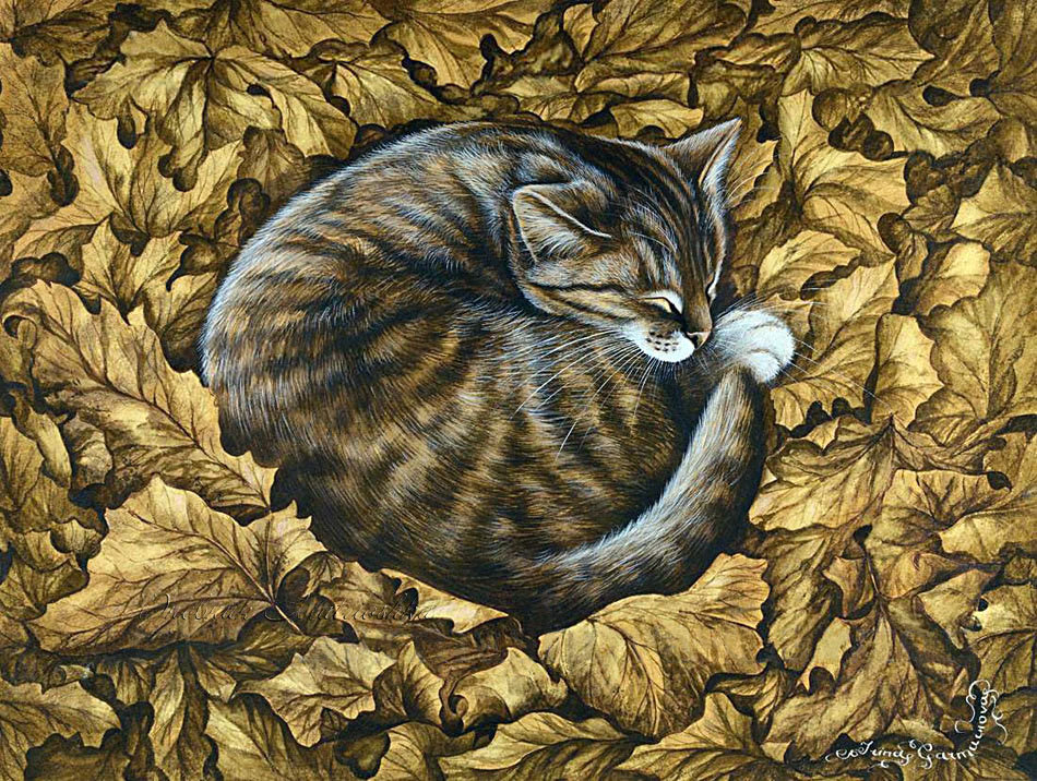 Коты И. Гармашовой - кот, листва, картина - оригинал