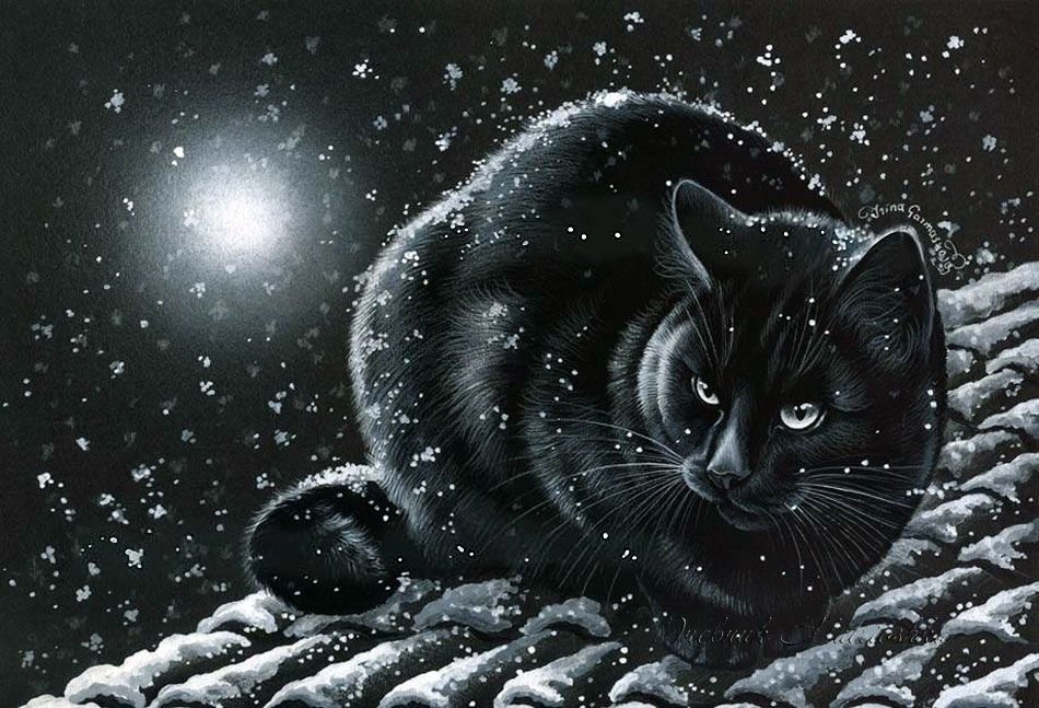 Коты И. Гармашовой - ночь, снег, зима, кот на крыше, луна - оригинал