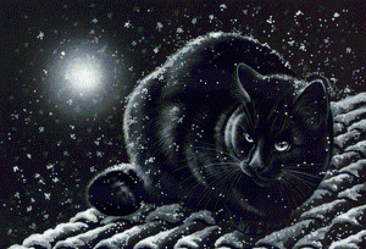 Коты И. Гармашовой - зима, луна, ночь, снег, кот на крыше - предпросмотр