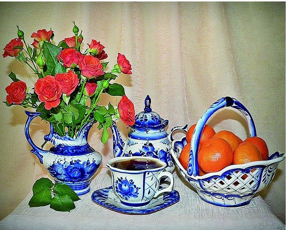 натюрморт - натюрморт чай мандарины цветы - оригинал