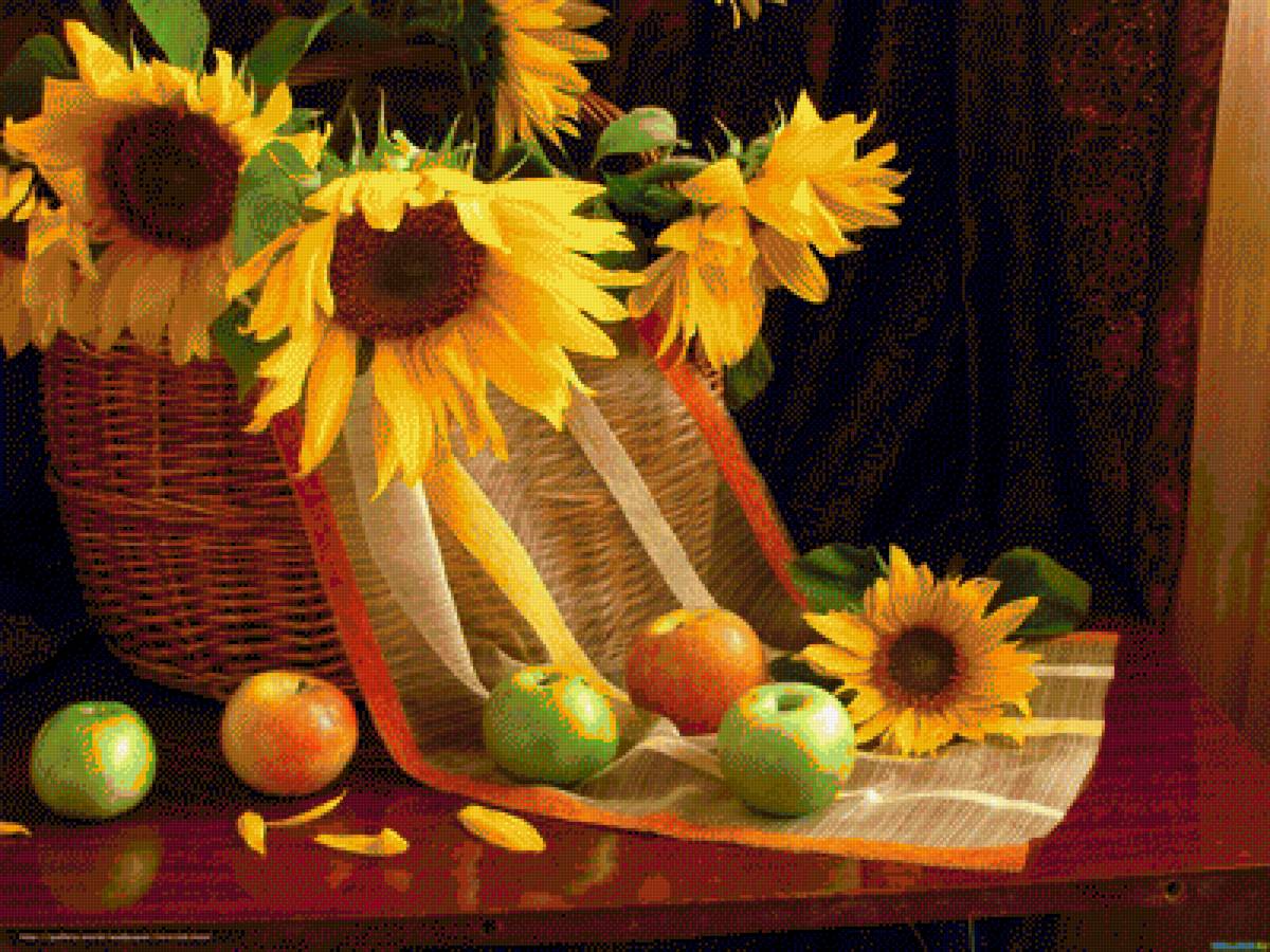 натюрморт - натюрморт яблоки подсолнух - предпросмотр