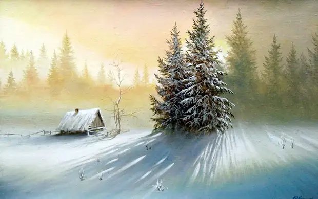 Юрий Корников Зима - рассвет, ели, елка, мороз, снег, зима, домик, пейзаж - оригинал