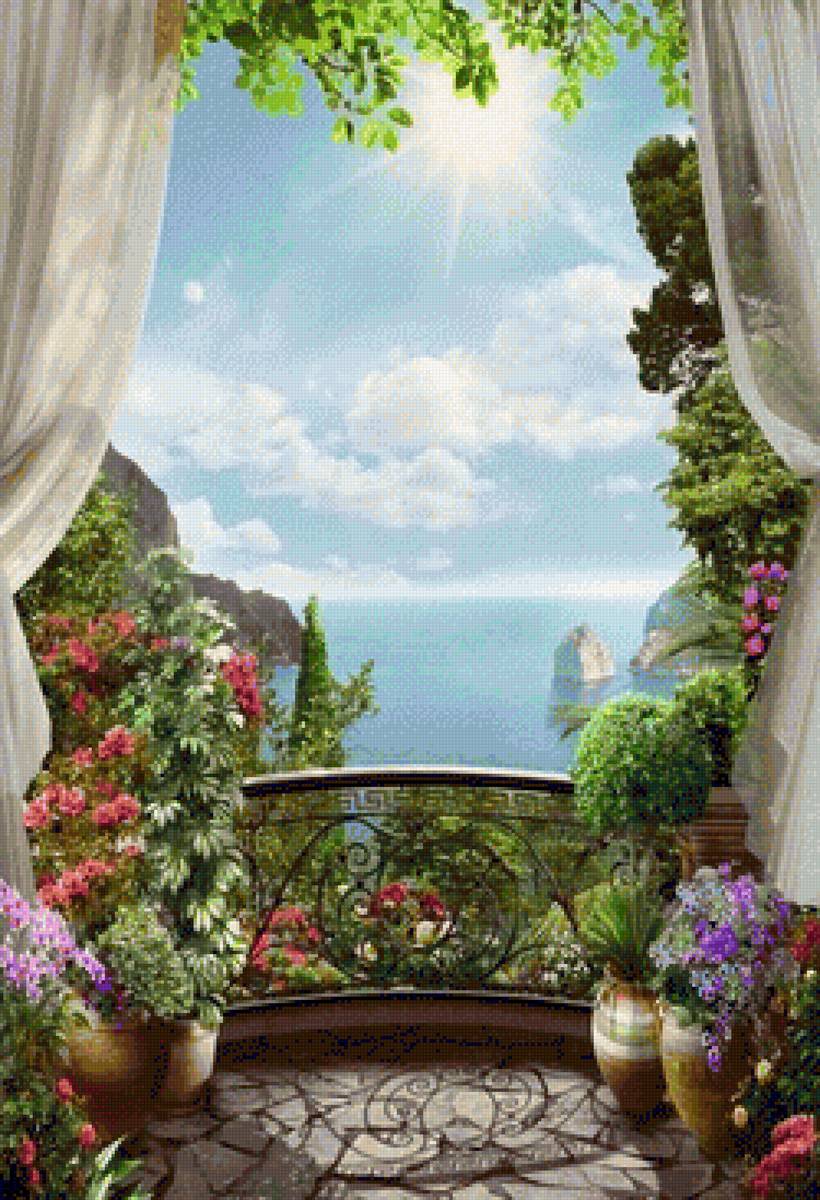 Вид с балкона - балкон, море, солнце, цветы - предпросмотр