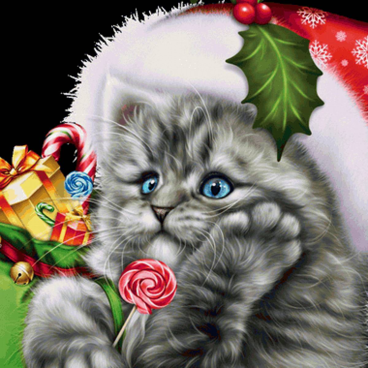 Gatinho com presente de natal. - gato, fantasia. - предпросмотр