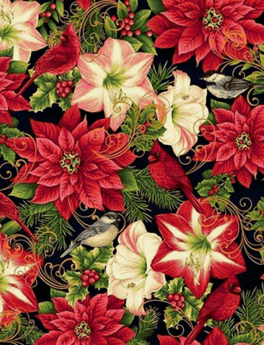 Flores e cardeais. - flores .pássaros. - предпросмотр