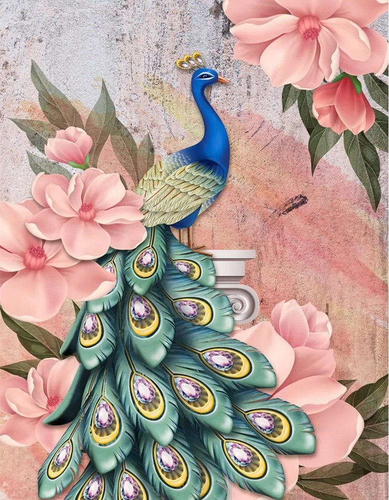 Pavão com flores rosas. - pavão., pássaros, flores - оригинал