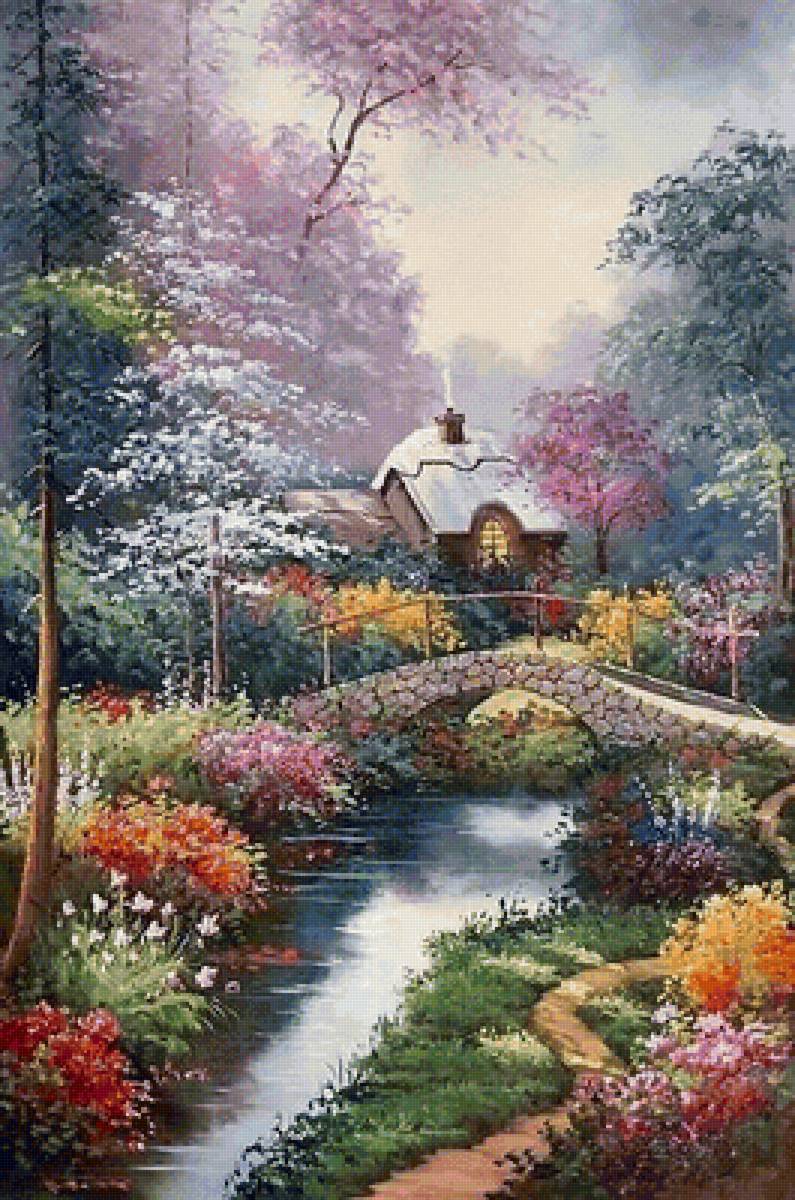 Весна - река, цветы, весна, домик, мост - предпросмотр