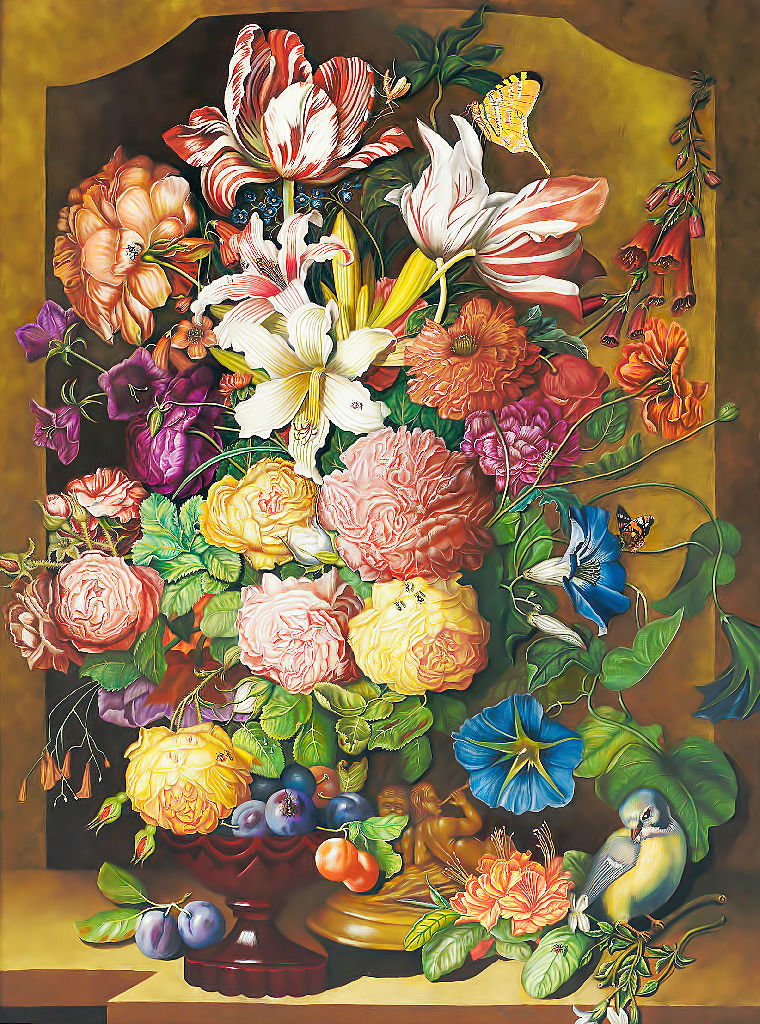 Натюрморт - птица, цветы в вазе, розы, цветы - оригинал