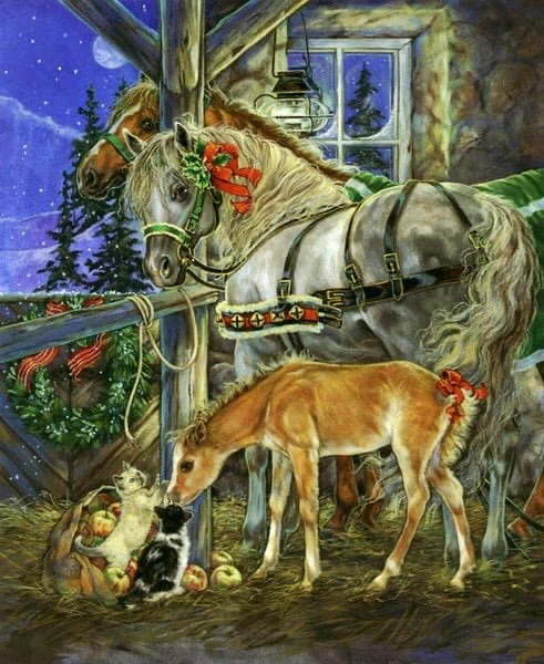 Новогодние мотивы - животные, лошади, кошка - оригинал