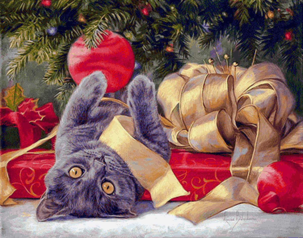 A Gift by the Christmas Tree. - lucie bilodeau.animals.christmas. - предпросмотр