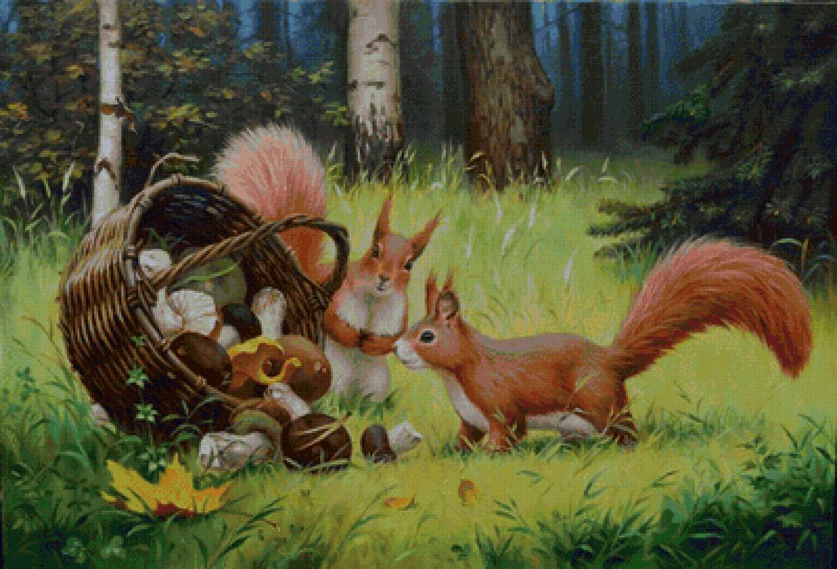 Белочки с корзинкой грибов - лес, животные, грибы, белка - предпросмотр