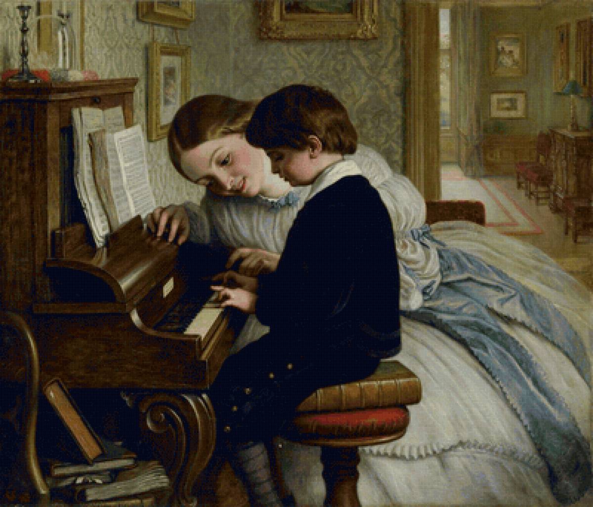 Урок музыки - 19 век, музыка, девушка, мальчик, дети, ребенок, фортепьяно, живопись - предпросмотр