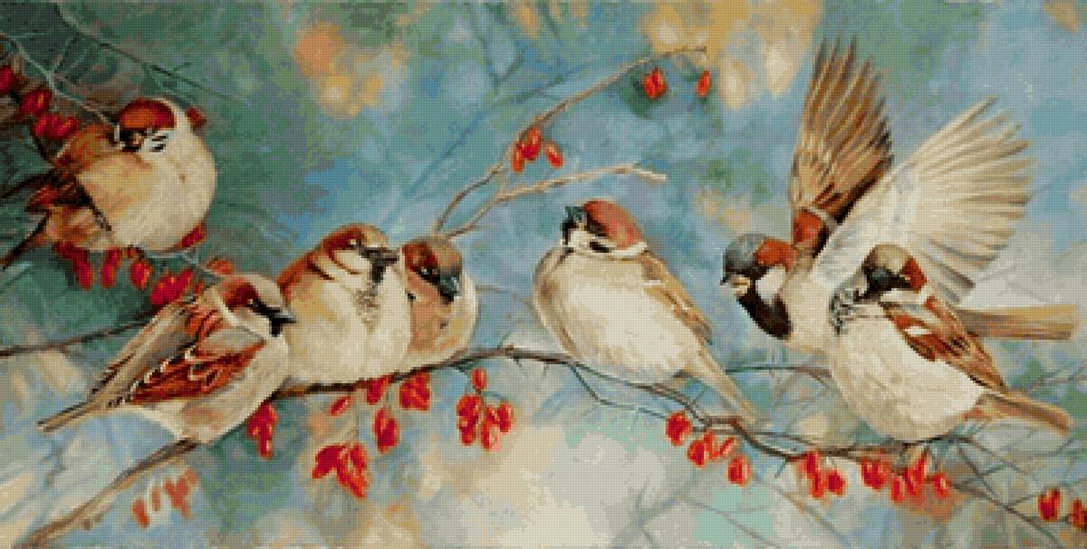 воробьи - стая птиц, зима, птицы, рябина, воробьи - предпросмотр