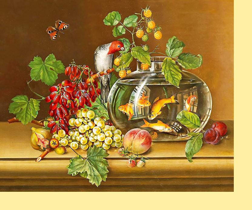 Серия "Натюрморты". - виноград, фрукты, натюрморт, рыбки - оригинал