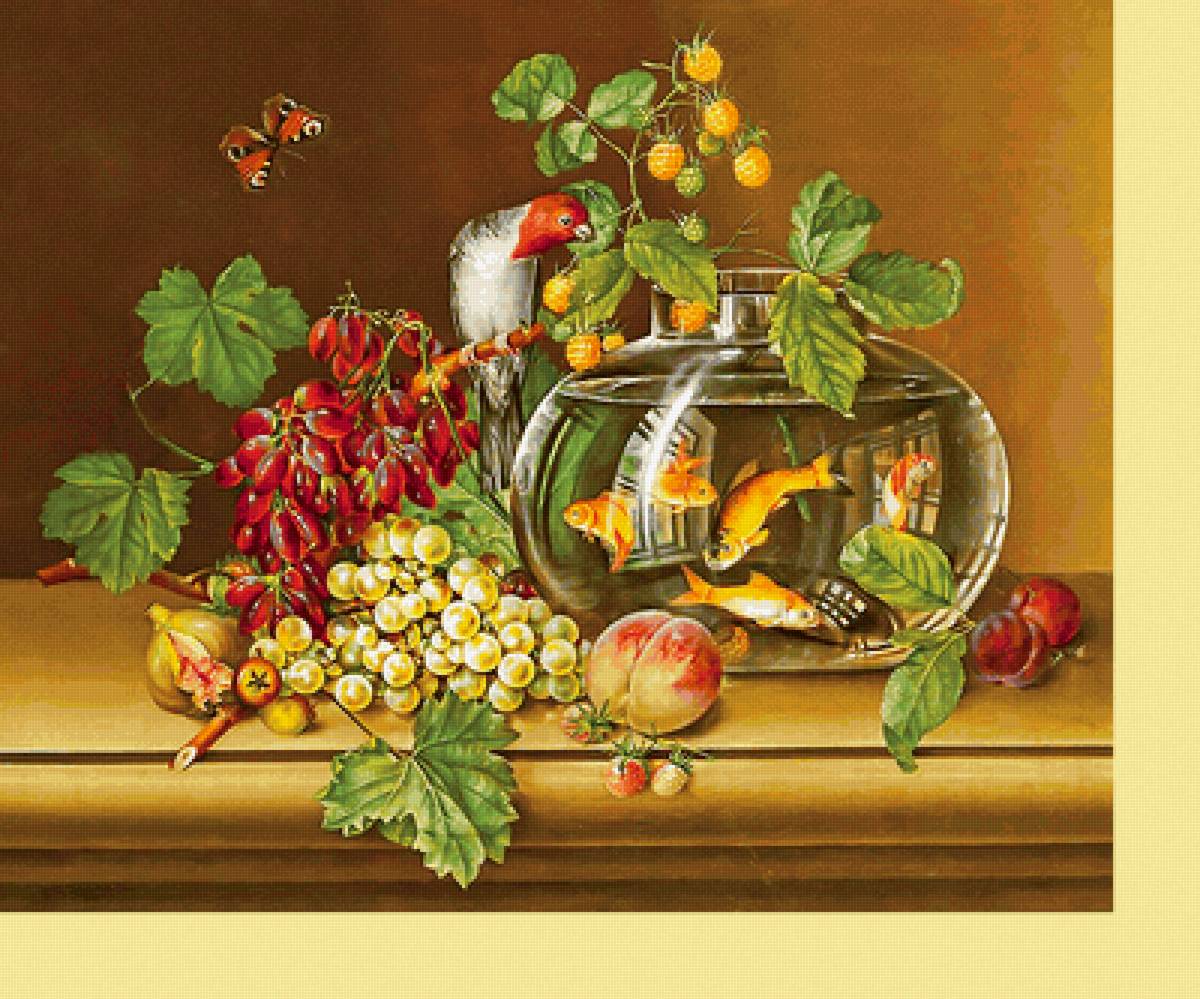 Серия "Натюрморты". - фрукты, рыбки, натюрморт, виноград - предпросмотр