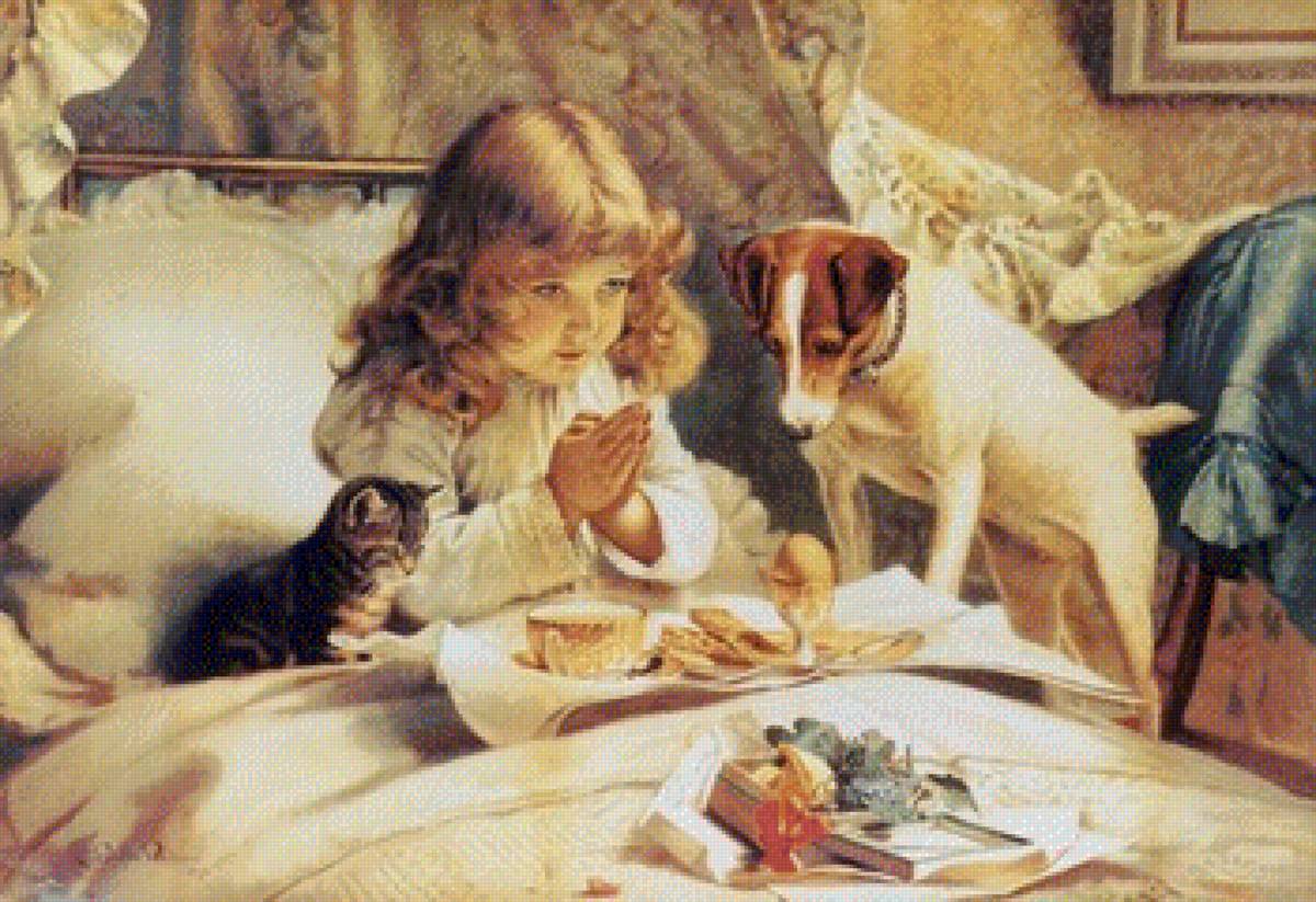 Молитва перед завтраком - девочка, собака - предпросмотр