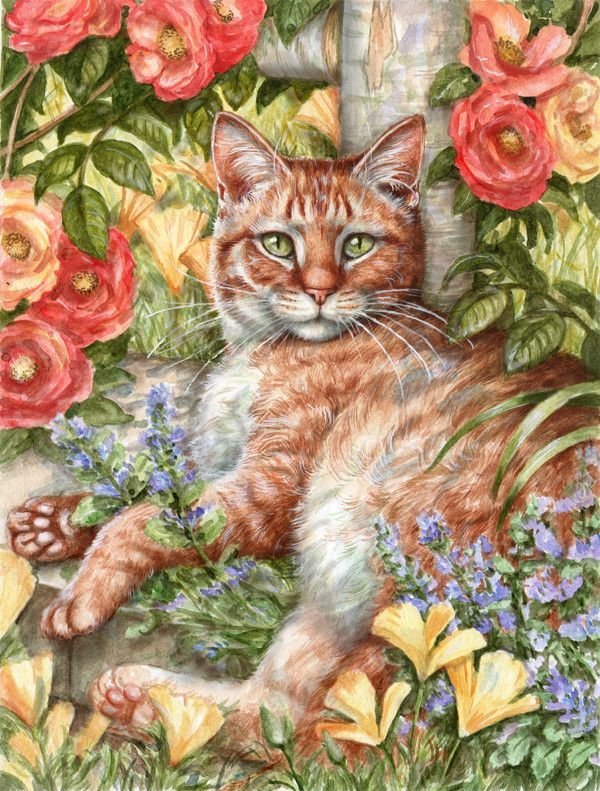 Кошка в цветах - животные, растения, цветы, кошка - оригинал