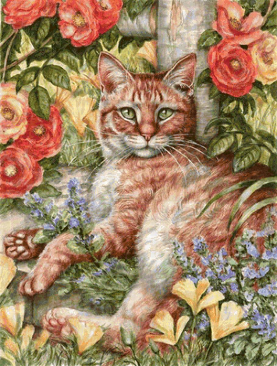 Кошка в цветах - животные, цветы, кошка, растения - предпросмотр