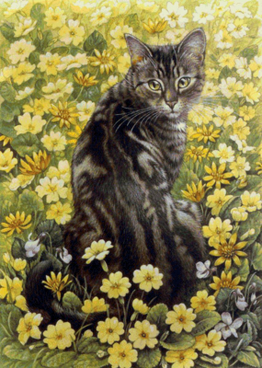 Кошка в желтых цветах - растения, кошка, животные, цветы - предпросмотр