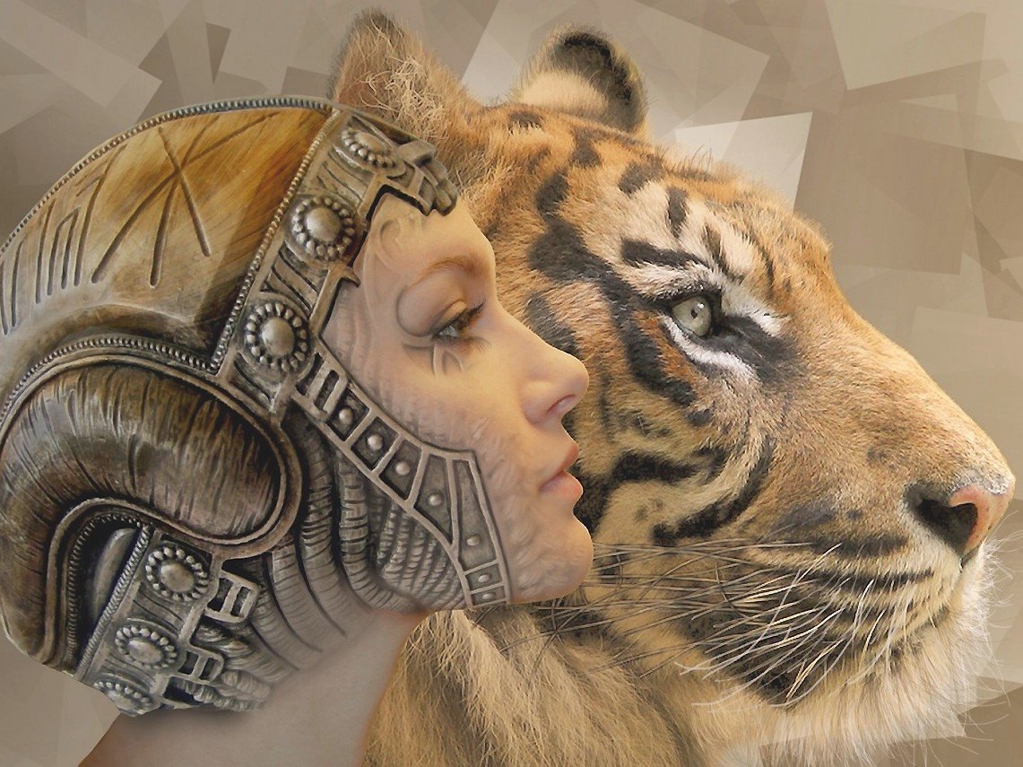 с тигром - тигр, девушка, воин - оригинал