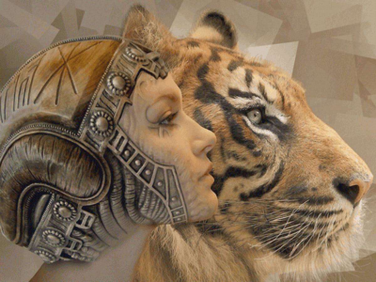 с тигром - девушка, воин, тигр - предпросмотр