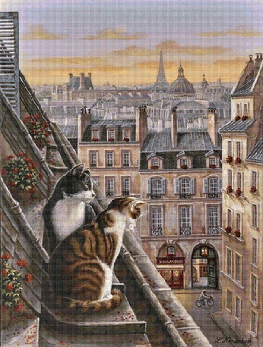 Кошки на крыше - улица, дом, город, кошка - предпросмотр